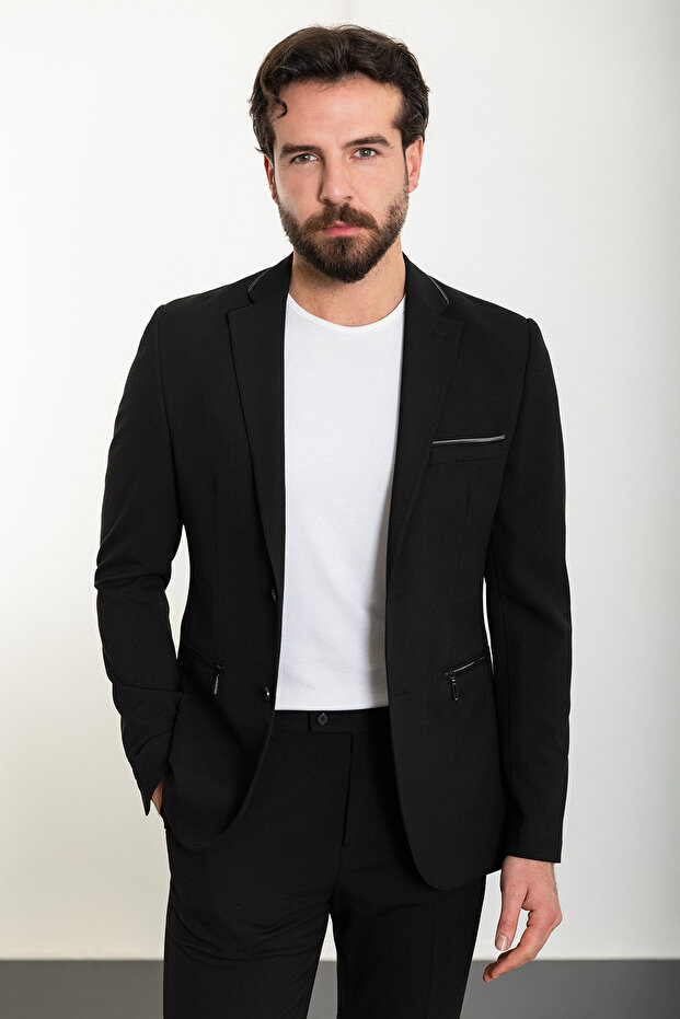Straight Slim Fit Mono Collar Zippered Men's Suit Black - 45316.24Y