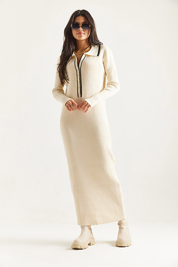 DÜĞMELİ TRİKO ELBİSE - 2