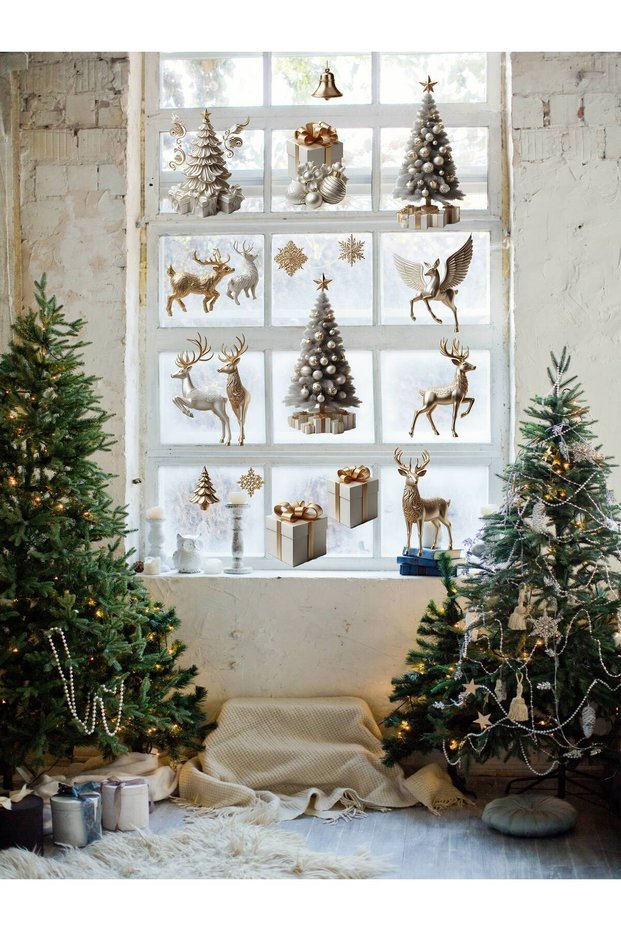 Christmas, Gold Christmas Ornament, Children's Room, Living Room, Store Glass, Wall Sticker
