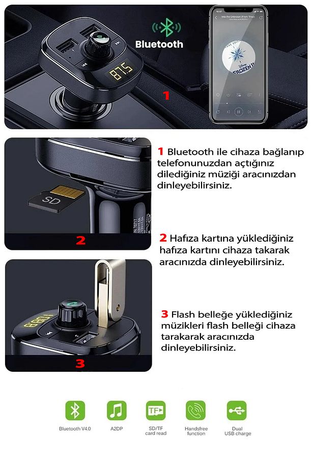 Renault Megane 2 Symbol Clio R9 R11 R12 R19 Uygun Bluetooth Fm Transmitter Araç Çakmaklık Şarj Aleti - 4