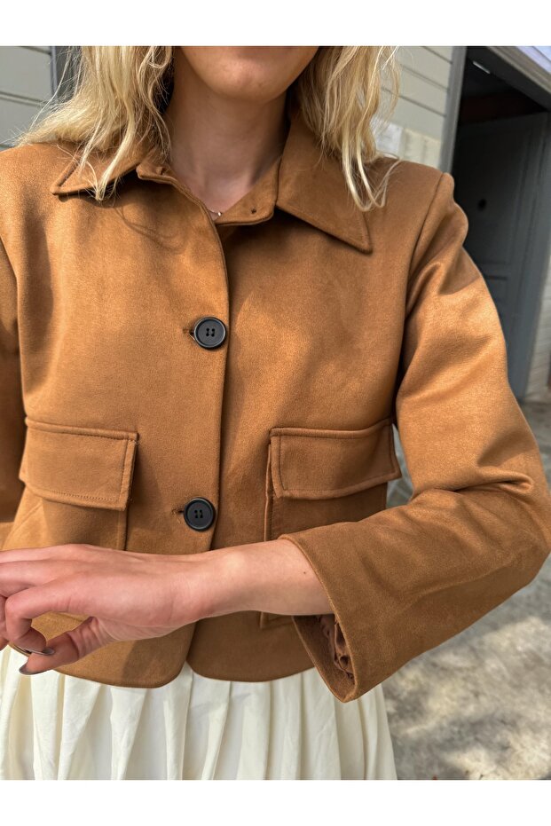 Taba Astarlı Düğmeli Süet Ceket - 5