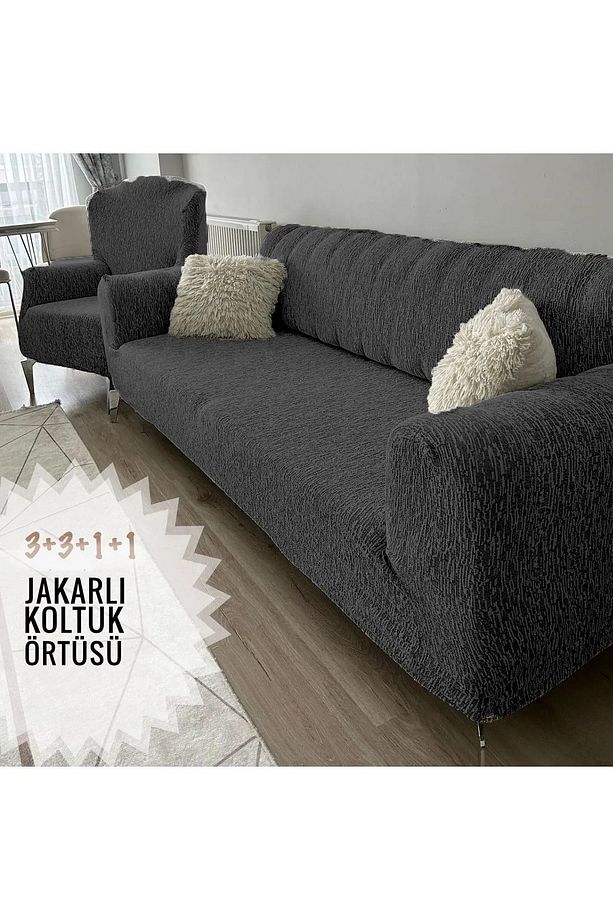 Lastikli Yıkanabilir Jakarlı Koltuk Örtüsü Seti - 3 3 1 1 - 4