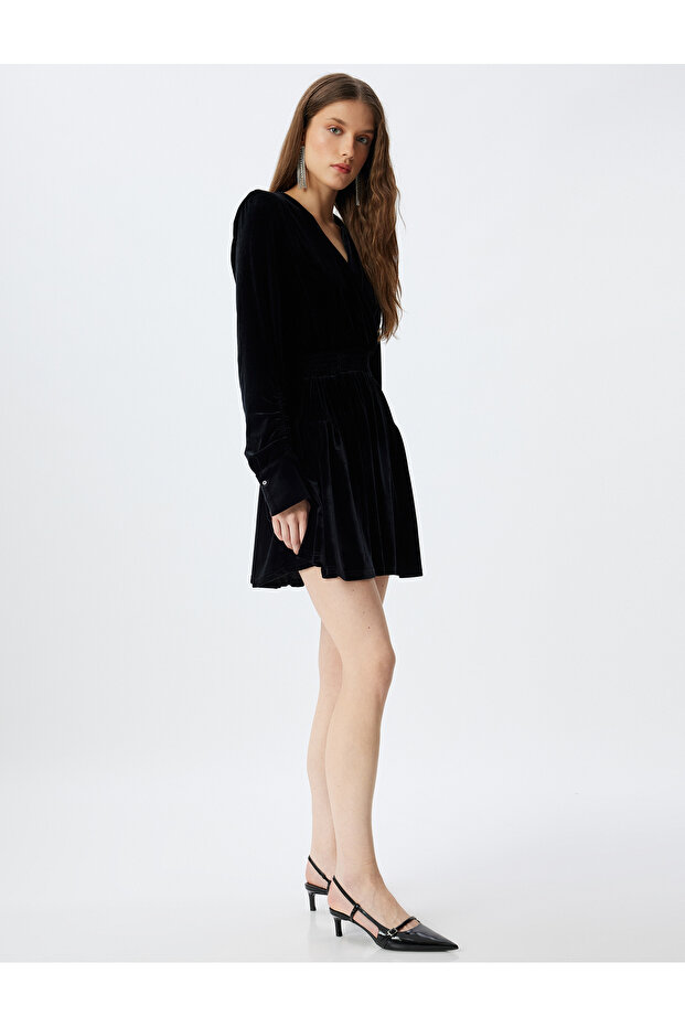Velvet Dress Mini Long Sleeve Double Breasted Collar Waist Shirred Flounces
