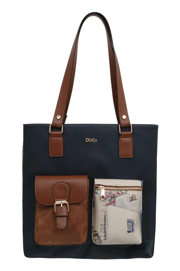 Women's Vegan Leather Navy Blue Shoulder Bag - Paperflower Design