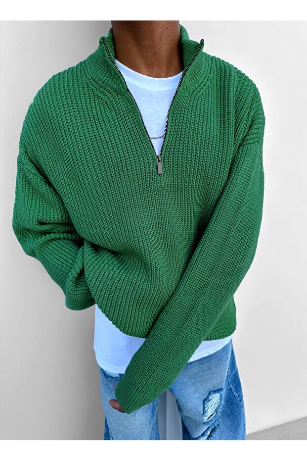 Men's Oversize Half Zipper Sweater Green