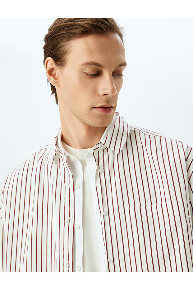 Long Sleeve Pocket Detailed Cotton Poplin Stripe Shirt