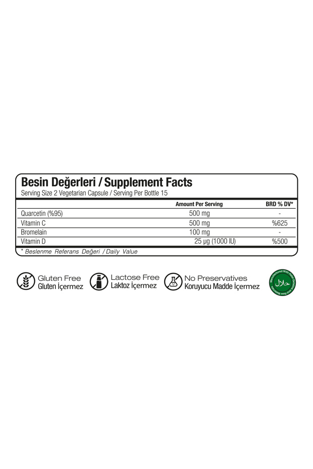 Quercetin, Bromelain Ve Vitamin C, Vitamin D 250mg 30 Bitkisel Kapsül - 4