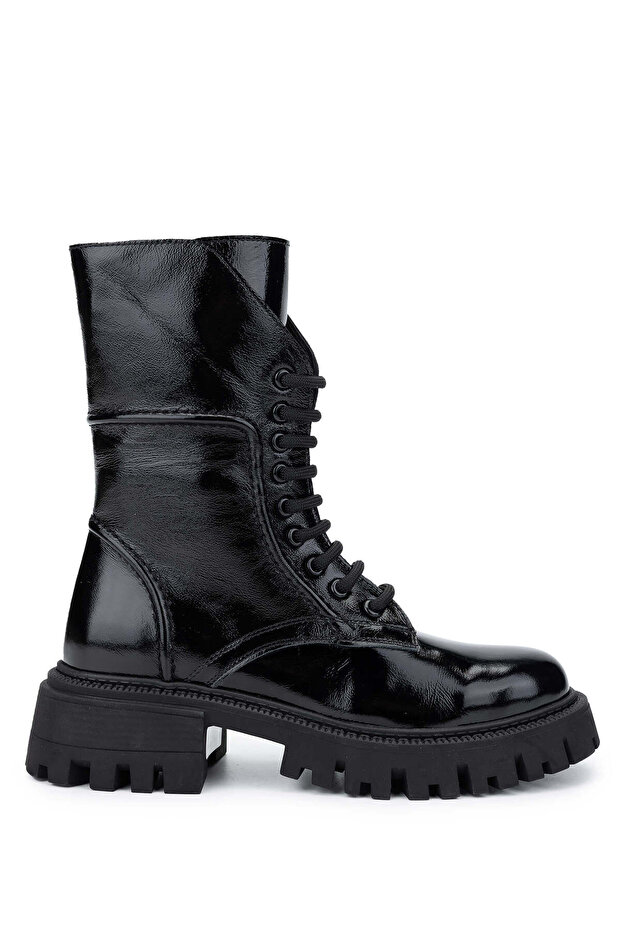 Women's Genuine Leather Black Patent Leather Casual Boots