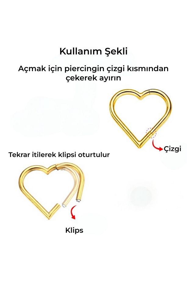 1 Adet Cerrahi Çelik Klipsli Kalp Tragus, Helix, Lobe, Snug Küpe Piercing - 2