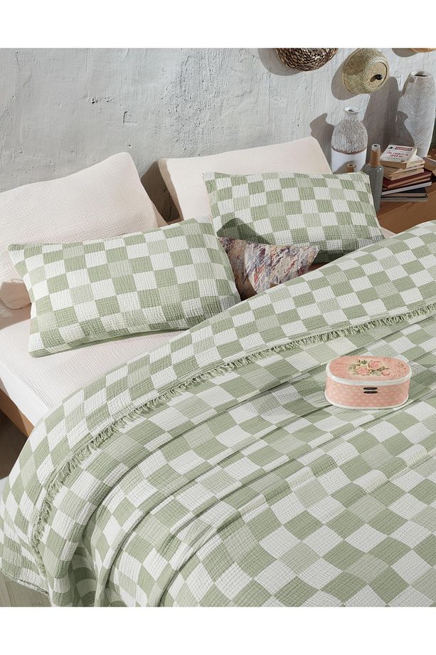 Damalı Desen 4 Katlı Multi Muslin %100 Pamuk Tek Kişillik Yatak Örtüsü 160x240cm - 4