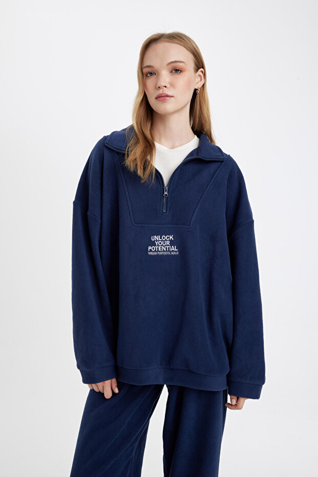 Oversize Fit Wide Fit Zippered Stand Collar Embroidered Fleece Sweatshirt