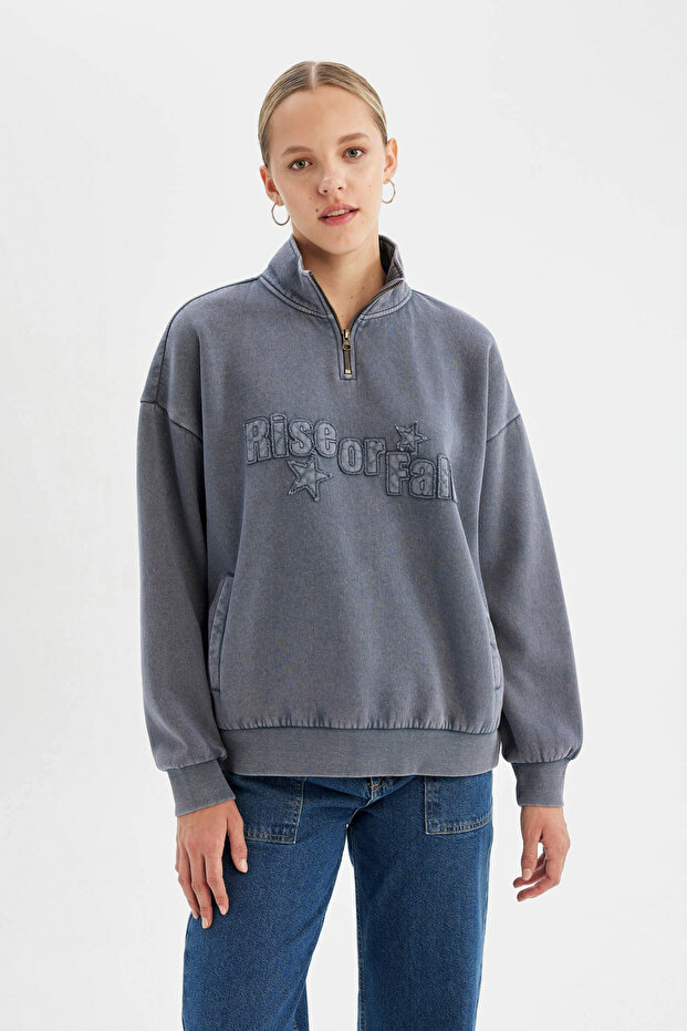 Loose Fit Half Zip Washed Thick Fabric Sweatshirt