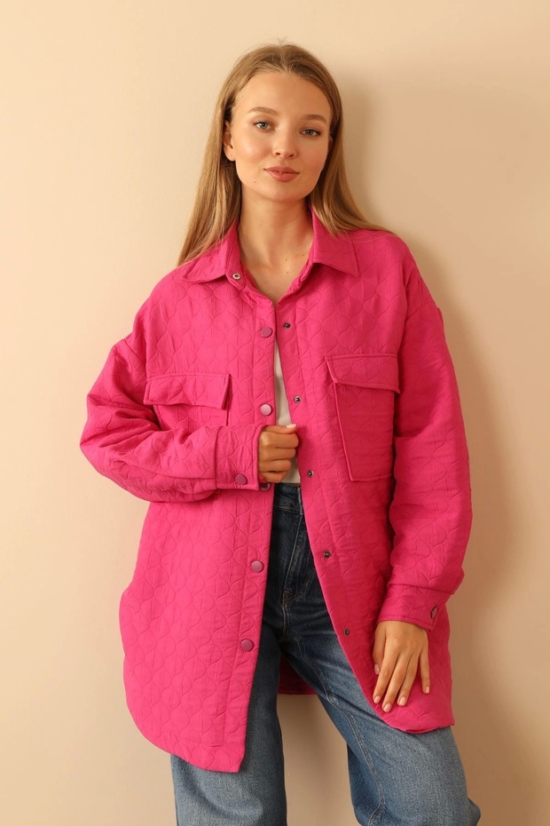 Jakar Kumaş Soğan Desen Kapitone Oversize Kadın Gömlek-Fuşya - 6