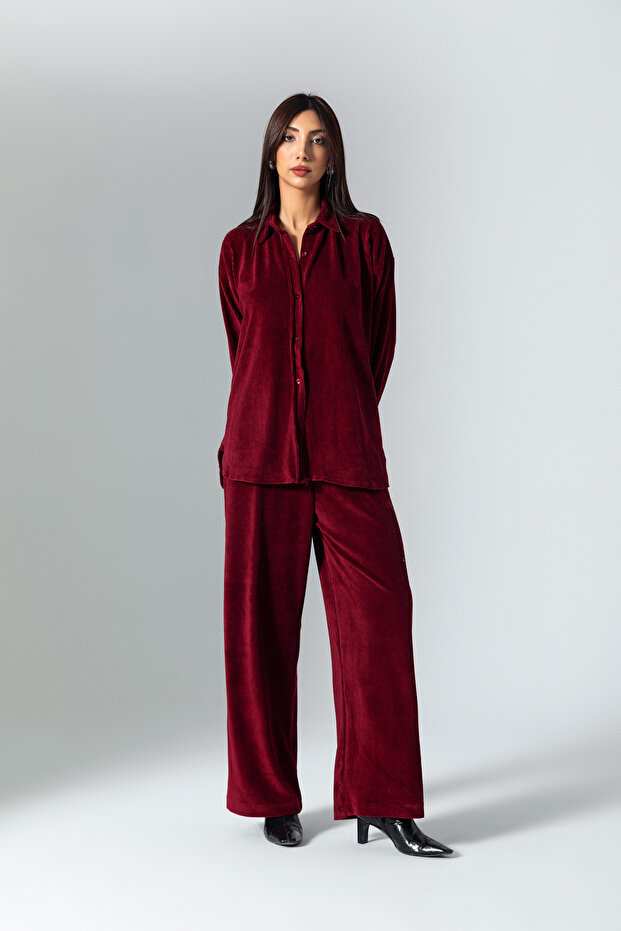 Bordo Kadife Gömlek - 1