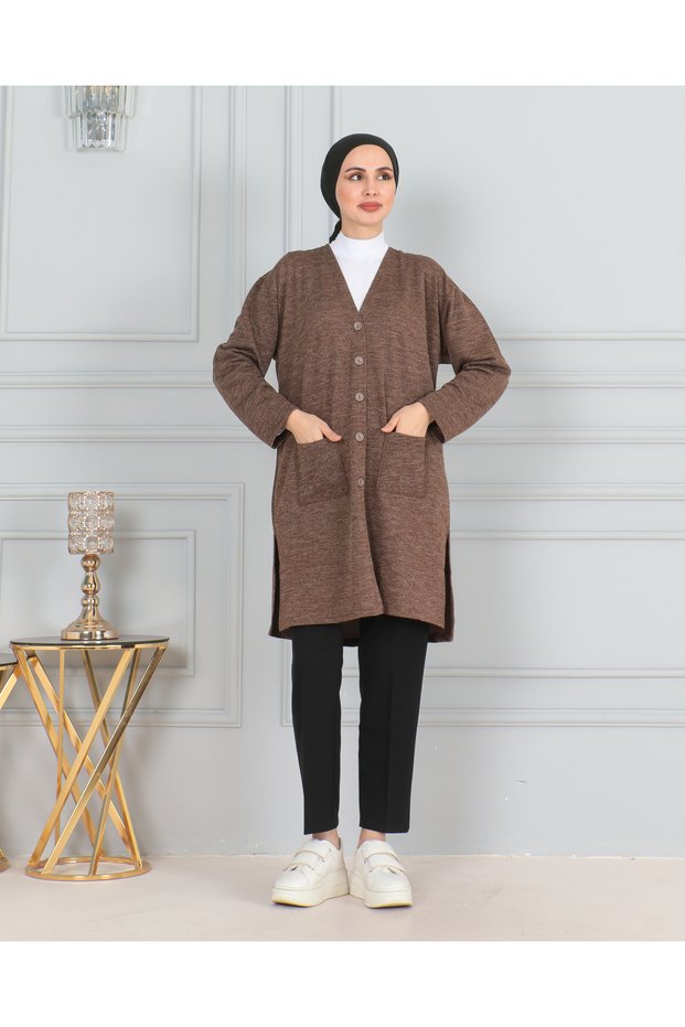 Women's Mother Long Thin Buttoned Pocketed Combed Cotton Cardigan Mother's Day