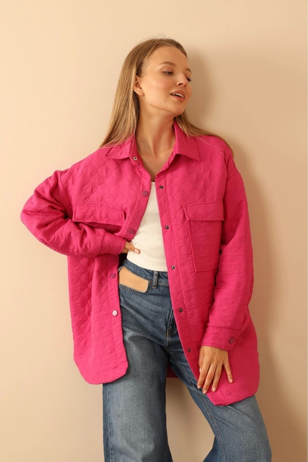 Jakar Kumaş Soğan Desen Kapitone Oversize Kadın Gömlek-Fuşya - 4