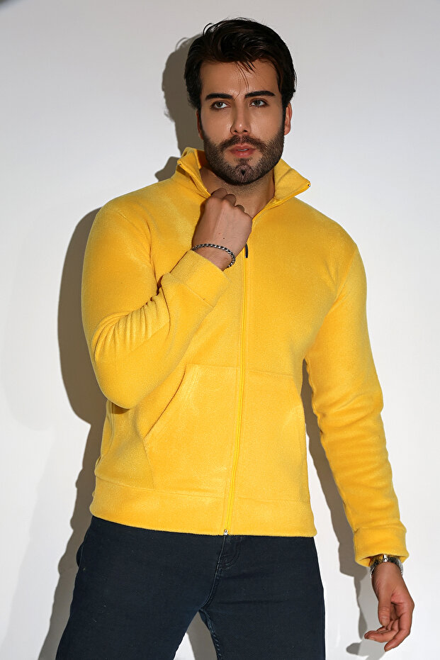 Men's Standard Fit Stand Collar Full Zip Yellow Fleece