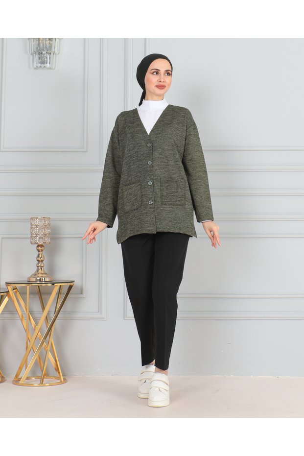 Women's Mother Short Thin Buttoned Pocket Combed Cotton Cardigan Mother's Day
