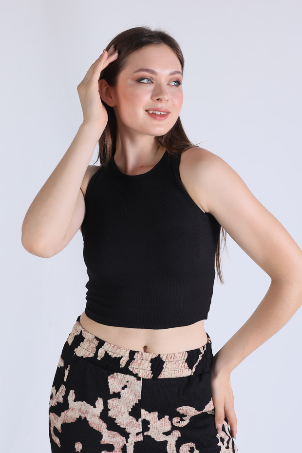 Siyah Fitilli Crop Kadın Atlet 1312 - 2