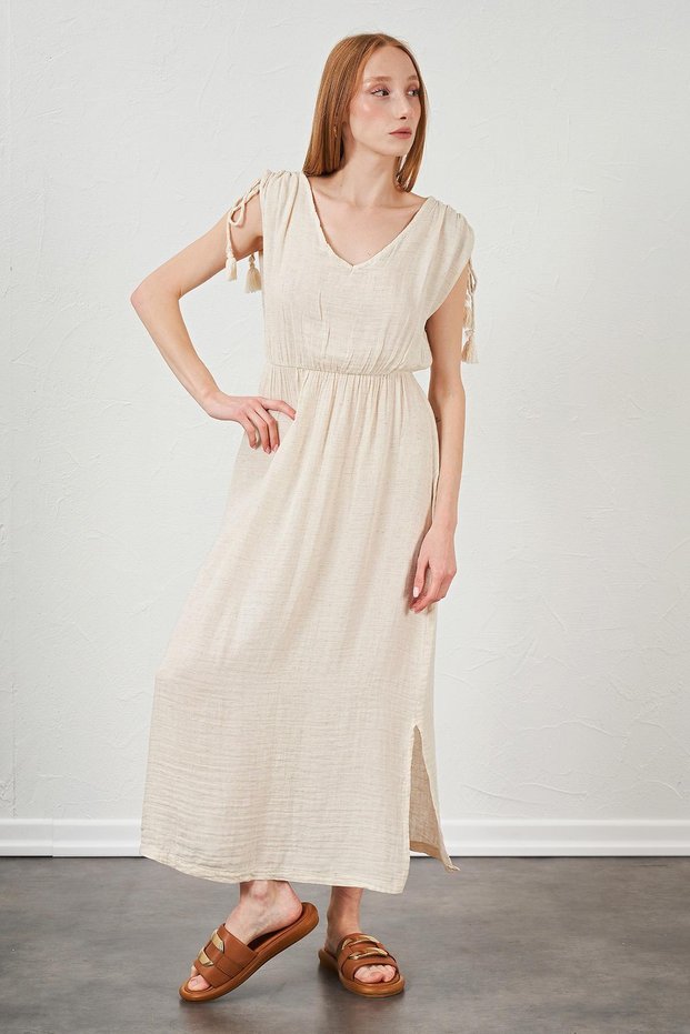 Women's Stone V-Neck Shoulder-Tied Muslin Fabric Dress