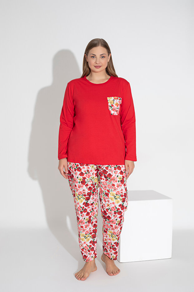 Red Color Long Sleeve Floral Print Pajamas Set 111