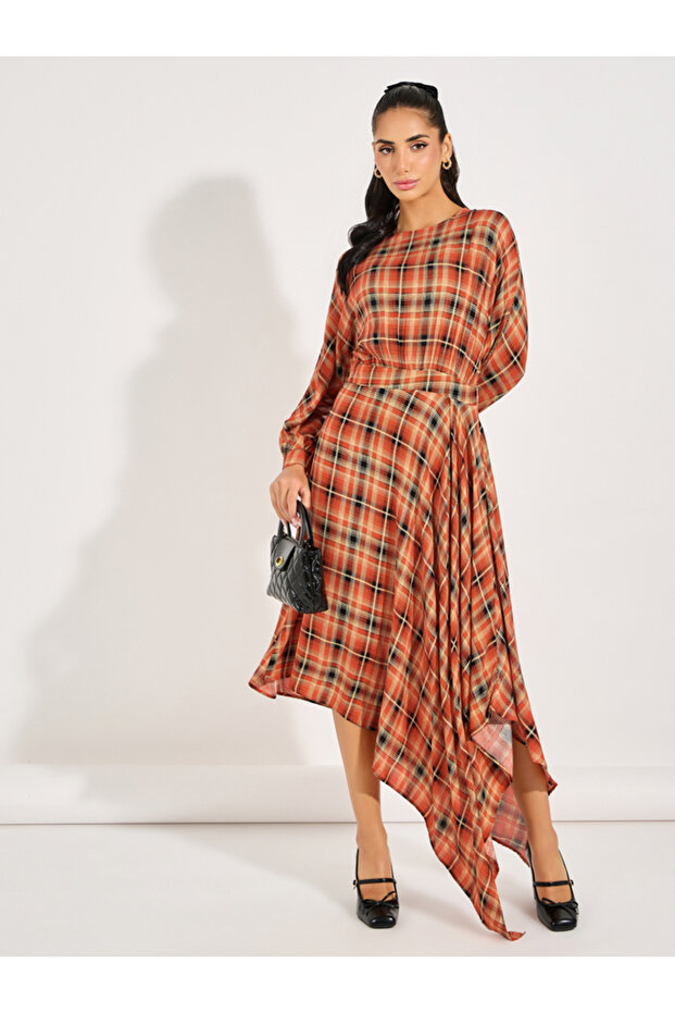 Checked Asymmetric Hem A-Line Maxi Dress
