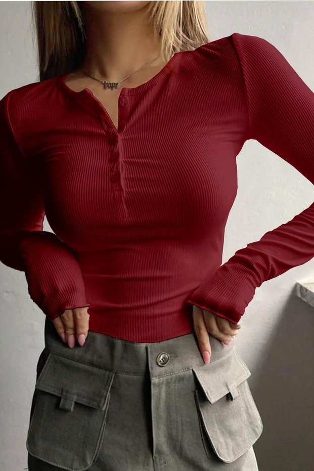 1 Piece Women's Burgundy Button Detailed Patch Button Crew Neck Long Sleeve Ribbed Camisole Blouse Body
