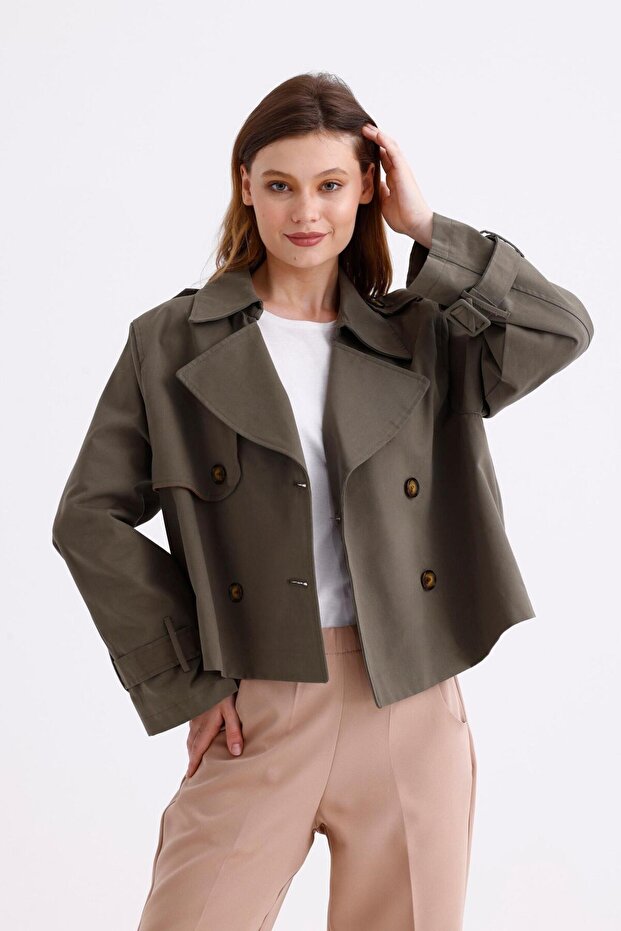 Khaki 100% Cotton Gabardine Lined Oversize Wide Fit Women's Crop Short Trench Coat 1122