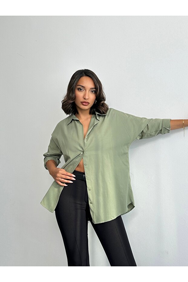 Kadın Haki Oversize Uzun Basic Gömlek - 5