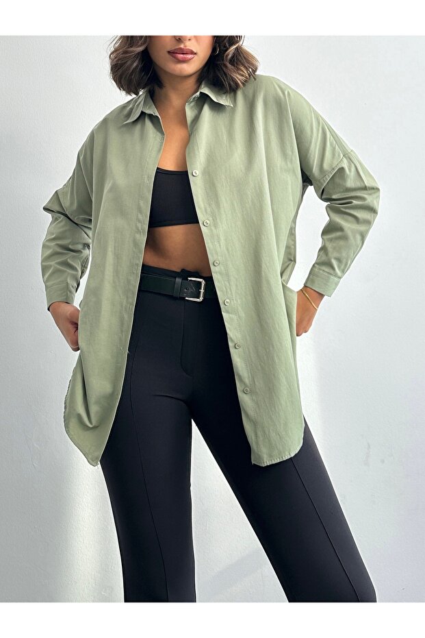 Kadın Haki Oversize Uzun Basic Gömlek - 4