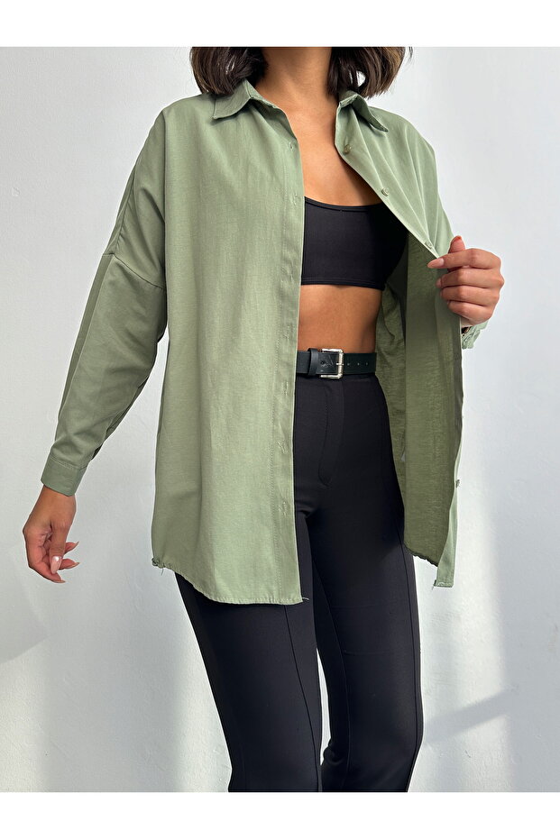 Kadın Haki Oversize Uzun Basic Gömlek - 6