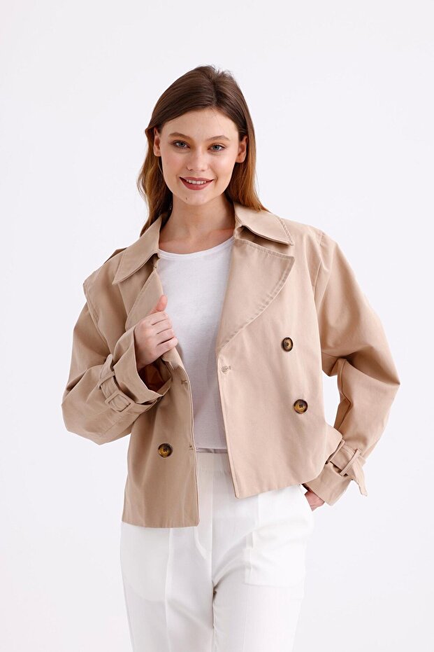 Light Beige 100% Cotton Gabardine Lined Oversize Wide Fit Women's Crop Short Trench Coat 1122