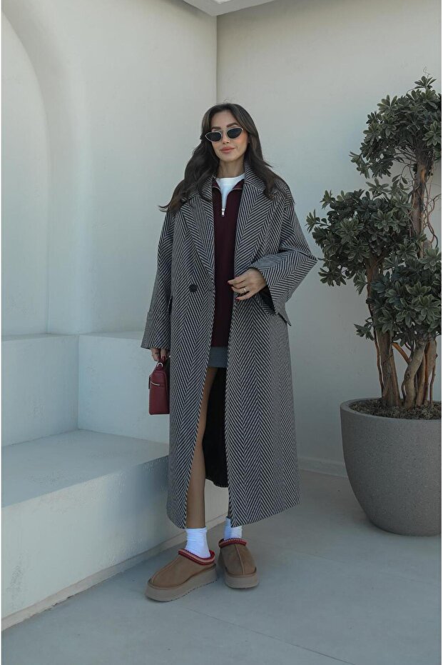 Gray Black Herringbone Pattern Coat - 4