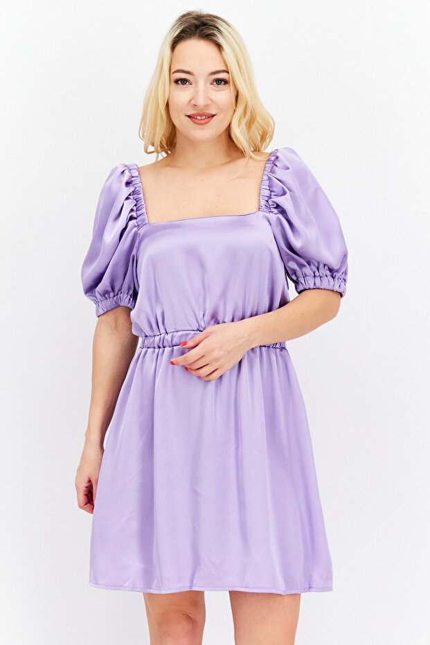 Women Satin Plain Mini Dress, Lilac