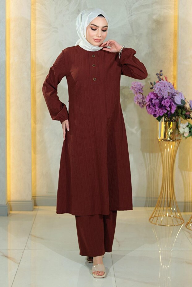 Buttoned Hijab Set Brown 10358 - 3