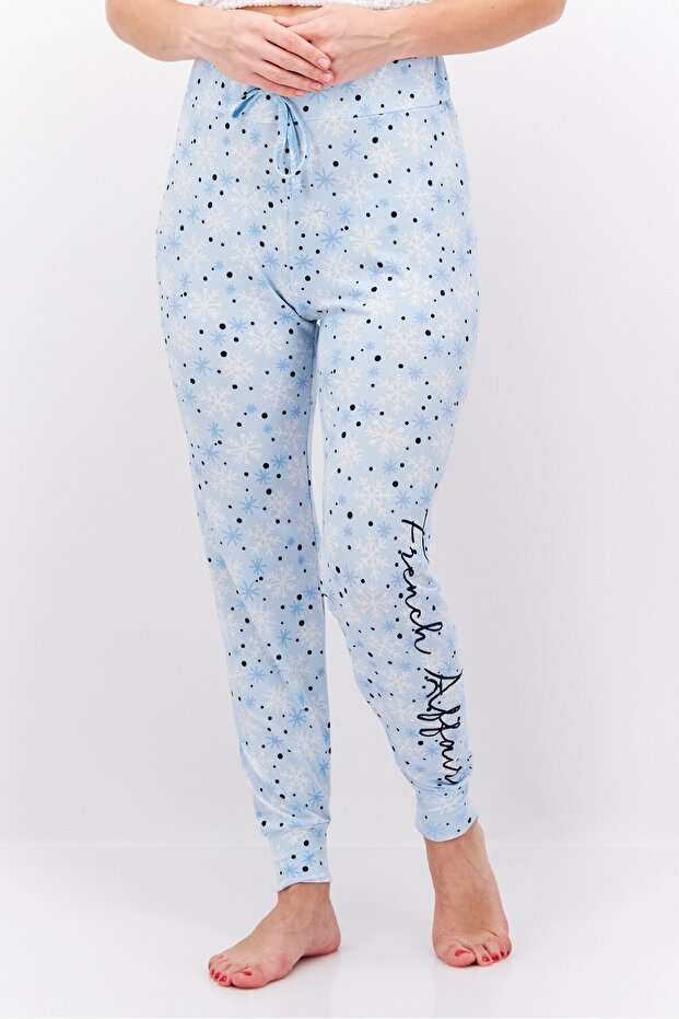 Women Drawstring Allover Pattern Pajama Pants, Blue