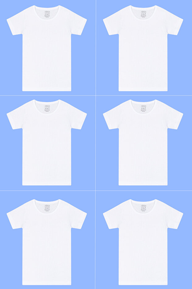 6 Pieces White Boy's Short Sleeve Undershirt T-Shirt Round Neck 100% Cotton Combed Cotton