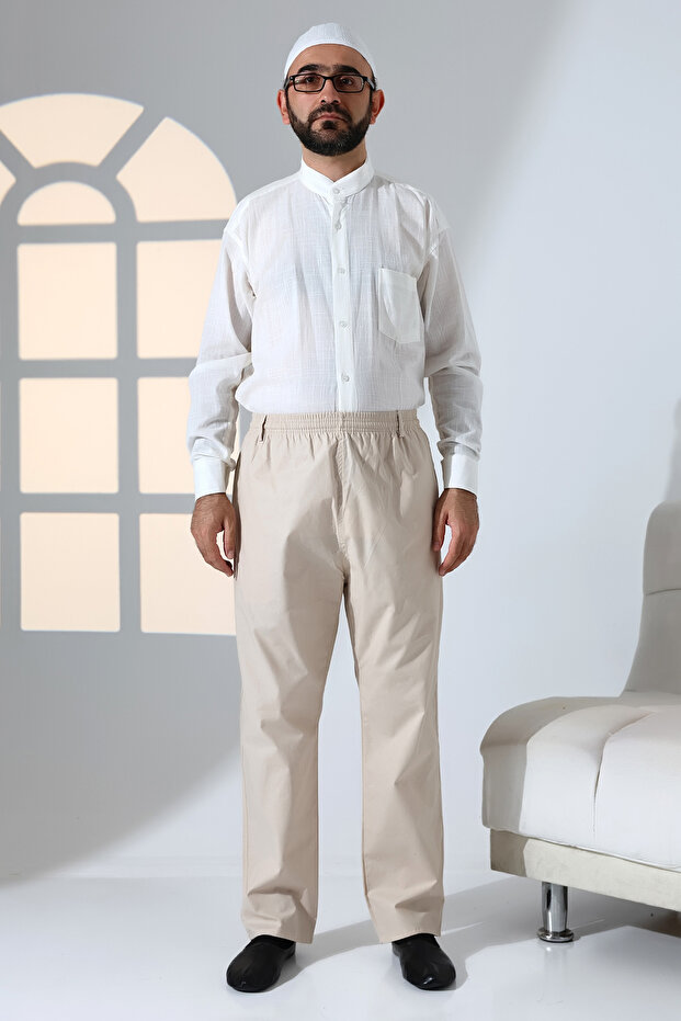 Men's Comfortable Fit Elastic Waist Pocketed Hajj and Umrah Linen Shalwar Trousers - Beige (Krk)