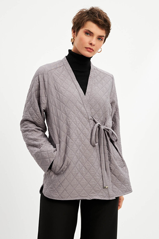 سترة مبطنة رفيعة باللون الرمادي مزدوجة الصدر - 6