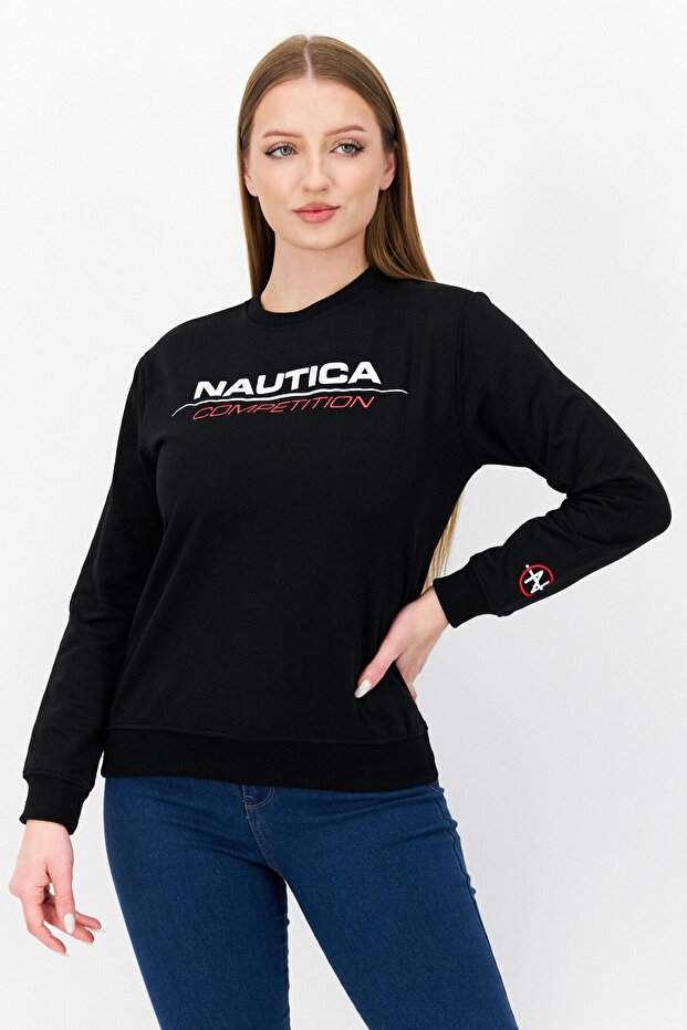 Women Crew Neck Long Sleeve Brand Logo Sweatshirt, Black