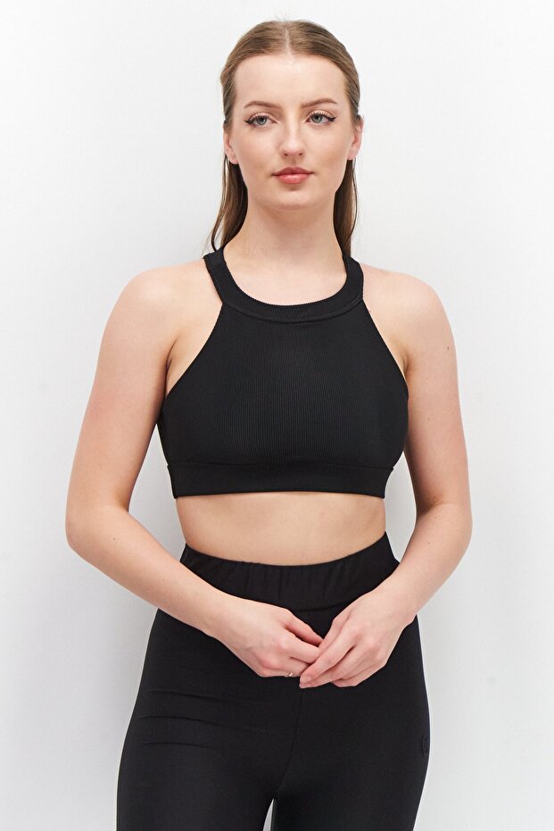 Women Mock Neck Sleeveless Textured Crop Top, Black