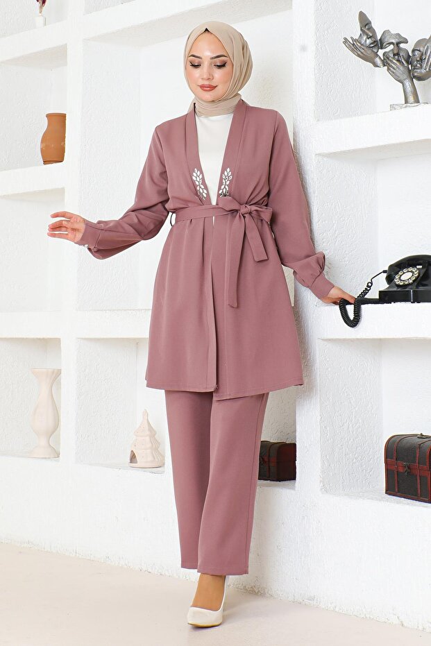 Stone Detailed Suit Dusty Rose 19203