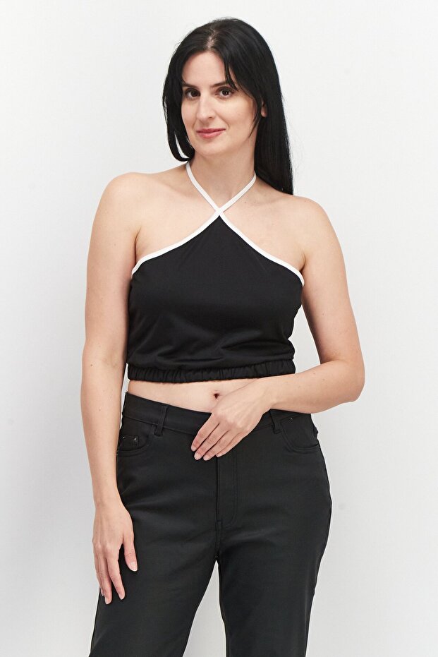 Women Halter Neck Sleeveless Cropped Top, Black