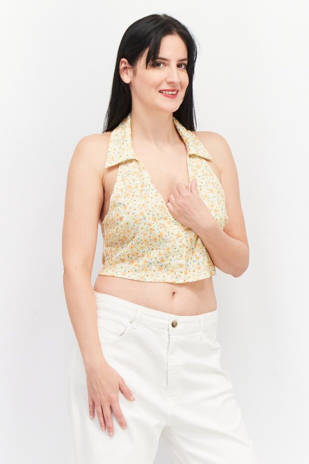 Women Halter Neck Sleeveless Floral Print Top, Yellow