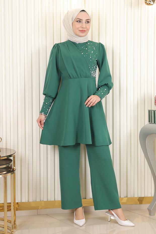 طقم مزدوج مرصع باللؤلؤ زمرد 17801 - 1