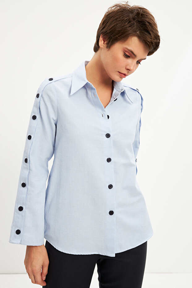 Mavi Basic Düğme Detaylı Gömlek - 4