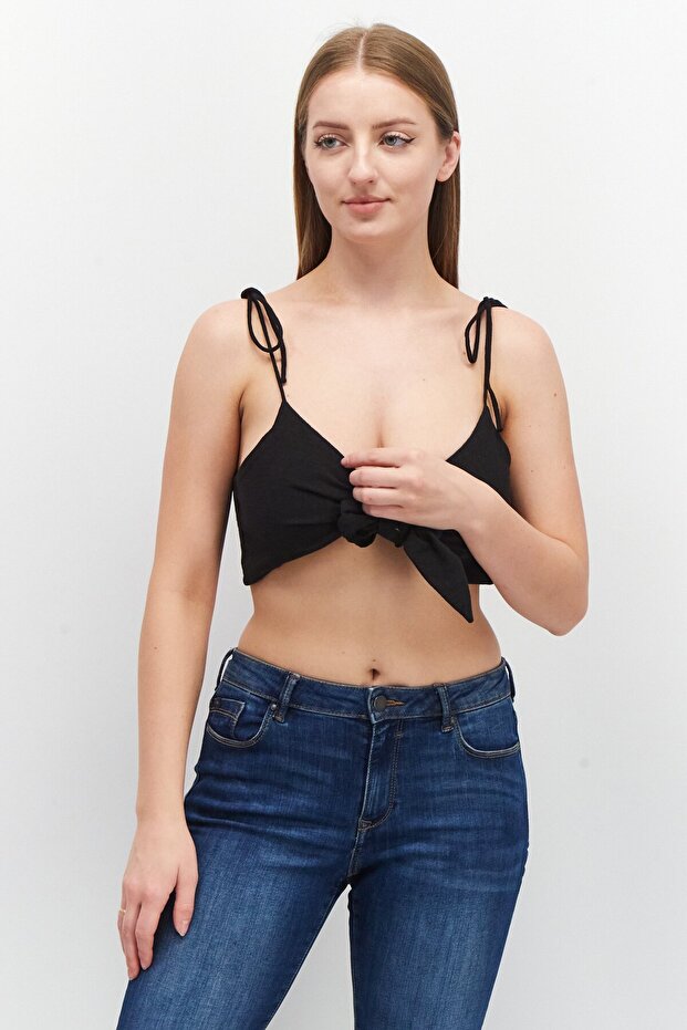 Women Tie Neck Sleeveless Plain Crop Top, Black