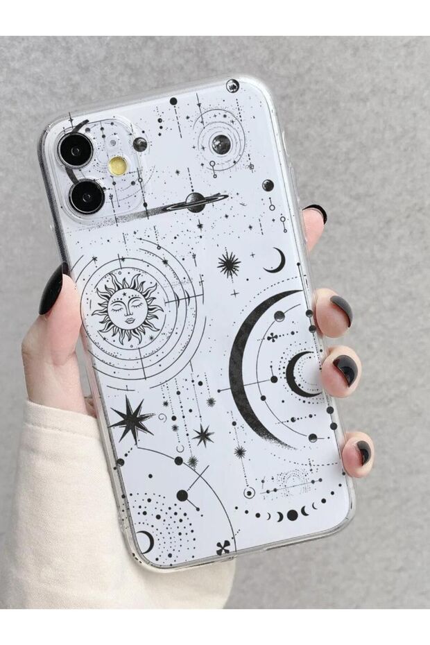 iPhone 11 Compatible Astrology Black Celestial Elements Patterned Transparent Silicone Case
