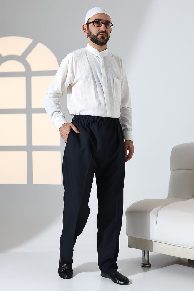 Men's Relaxed Fit Elastic Waist Pocketed Hajj and Umrah Fabric Shalwar Trousers - Navy Blue (Krk)