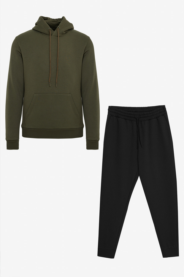 Men's Khaki-Black Cotton Bottom Top 2-Piece Suit Hooded Kangaroo Pocket Standard Fit Regular Fit